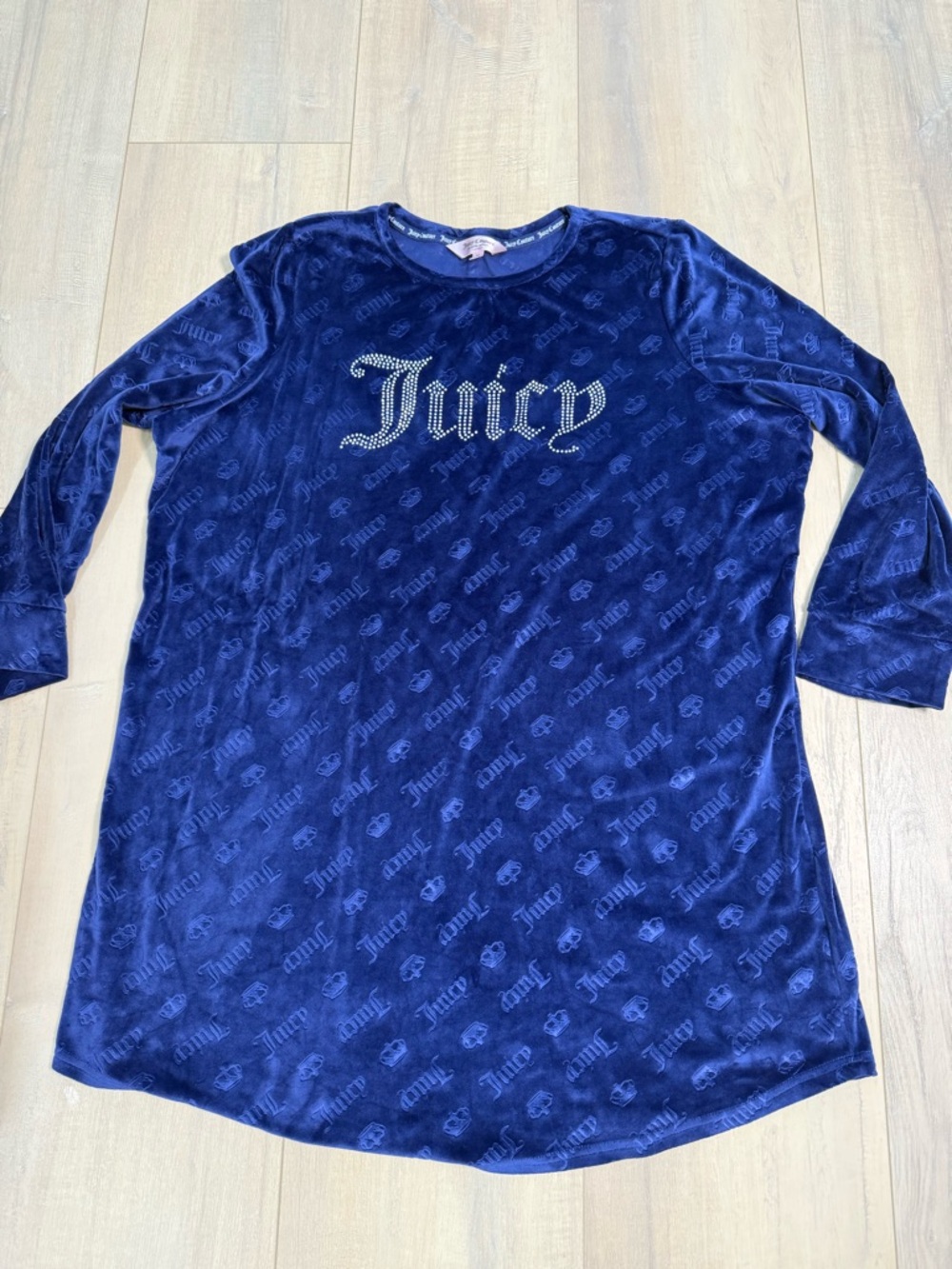 Juicy Couture Navy Blue Velour Long Sleeve Nightshirt with Rhinestone Logo